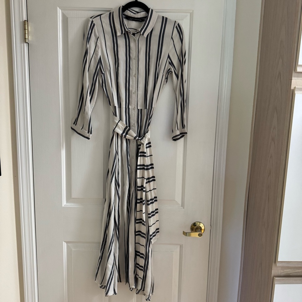 Zara Linen Blend Striped Midi Shirt Dress Small